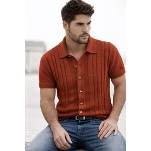 J.Crew Men's Cable Knit Button Front Sweater Polo – Rust – Size M